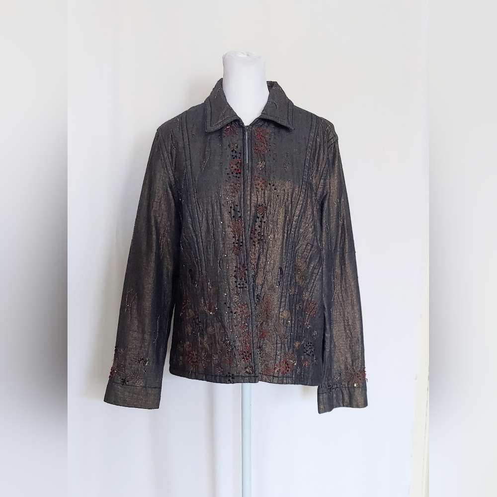 Chico's Indigo Bronze Foil Beaded Lined Hook & Eye Blazer Size 1 (8 / 10)
